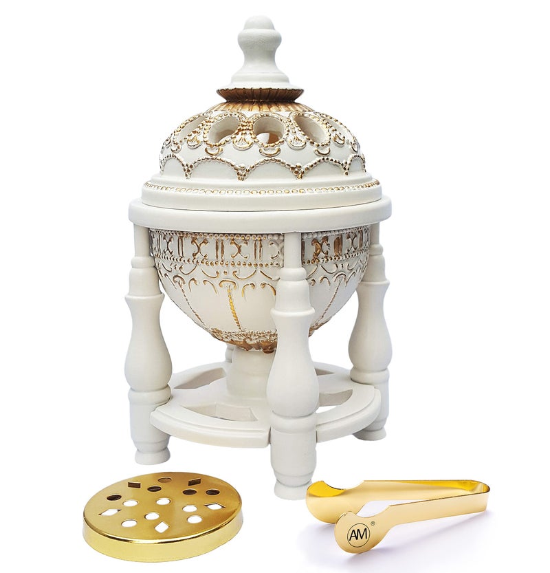 AM Charcoal Incense Burner - Bakhoor Burner, Oud Frankincense Resin Burner for Office & Home Decor - Lavish 4 Pillar (White) - Image 1